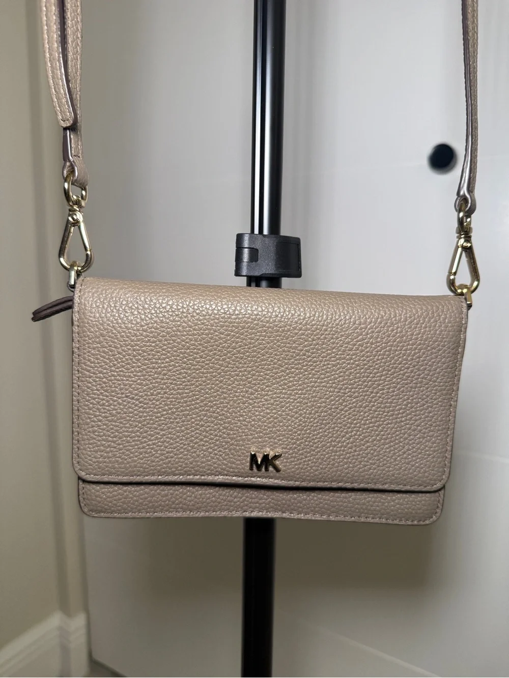 Michael Kors Pebbled Leather Crossbody in Taupe Beige with Gold Hardware
